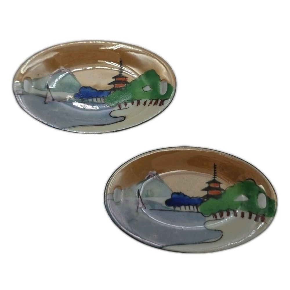 Vintage Japan Lusterware Chopstick Rest Sauce Dish Mt. Fugi Landscape Color Pair